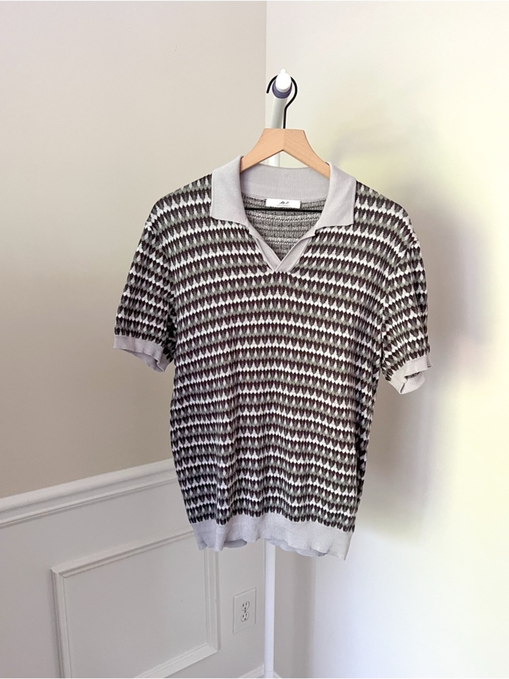 MR P PORTER Short Slv Knit Polo Shirt Collared Grey Texture Cotton Mens Medium